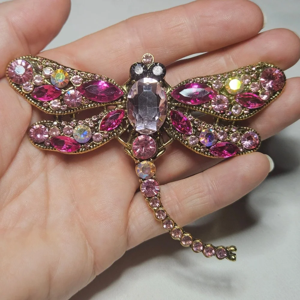Dragonfly Brooch Pin Womens OS Pink Gold Tone Rhinestone Crystal Large